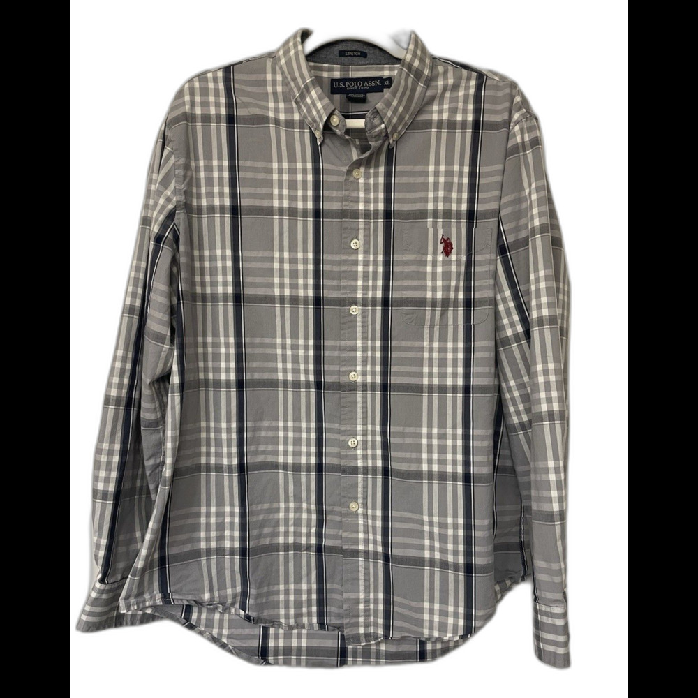 U.S. Polo Assn. Men's XL Gray Plaid Stretch Button-Down Long Sleeve Shirt Pocket
